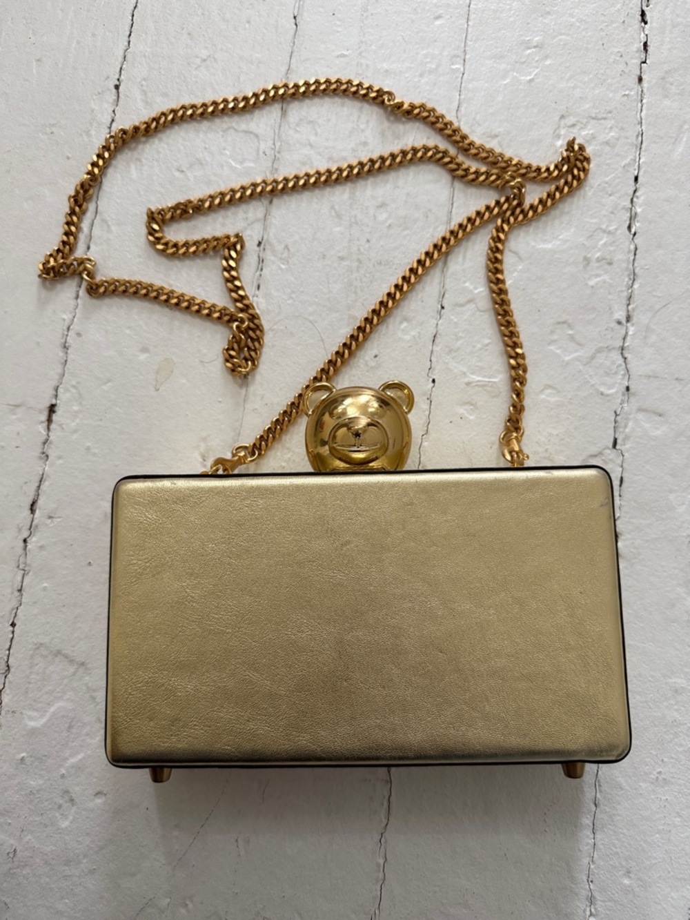 Rare Moschino Gold Bear-Accent Metallic Gold Box Clutch with Crossbody Chain Bag